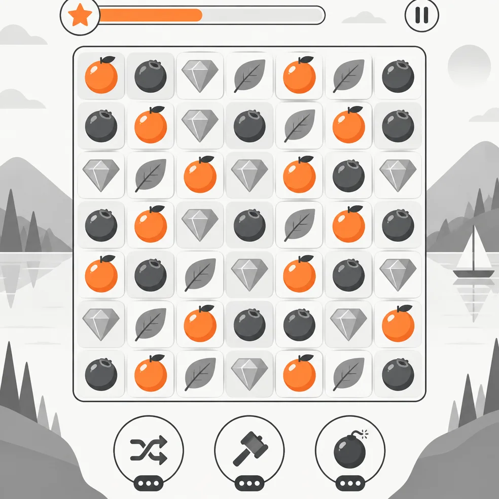 Match-3 puzzle game concept art in the modern mono look