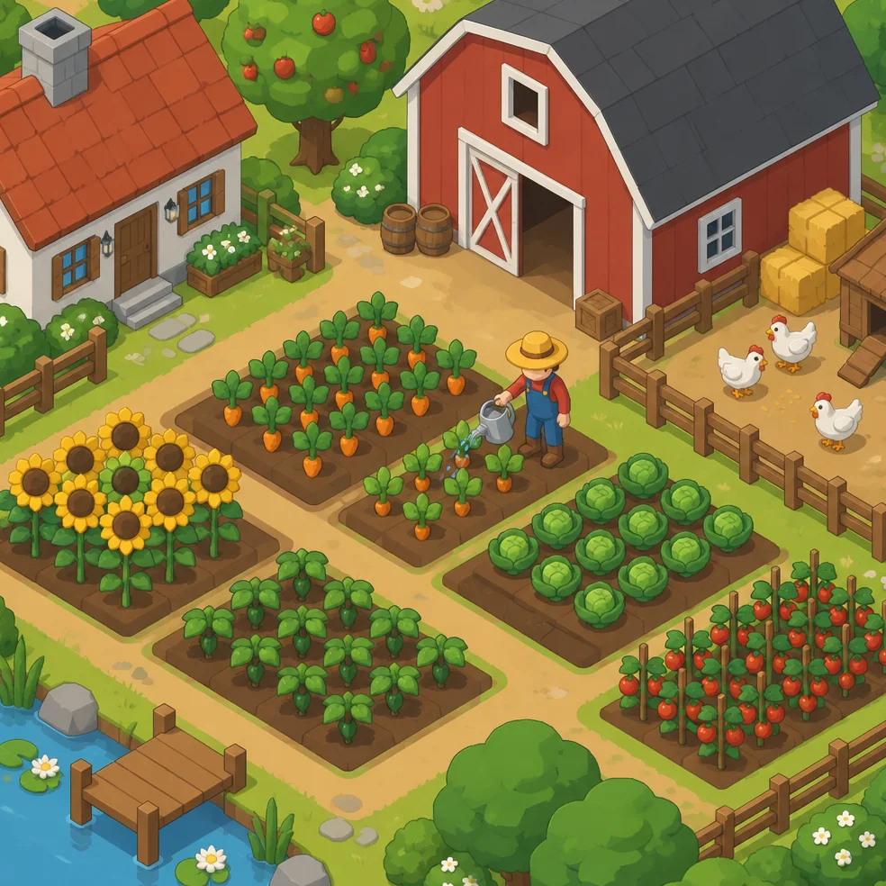 Cozy farm and garden game concept art in the isometric tiles look