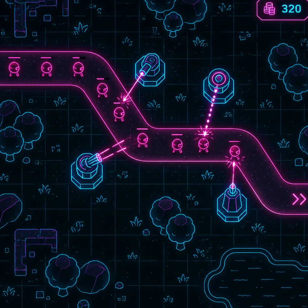Tower defense game concept art in the neon night look