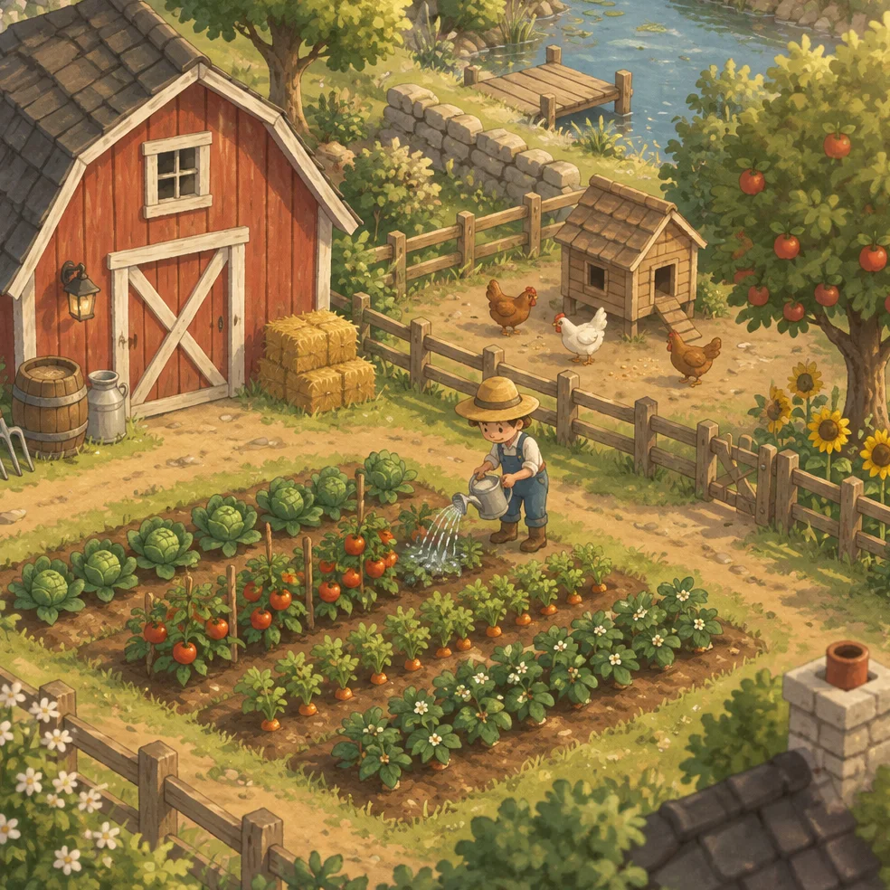 Cozy farm and garden game concept art in the painted storybook look