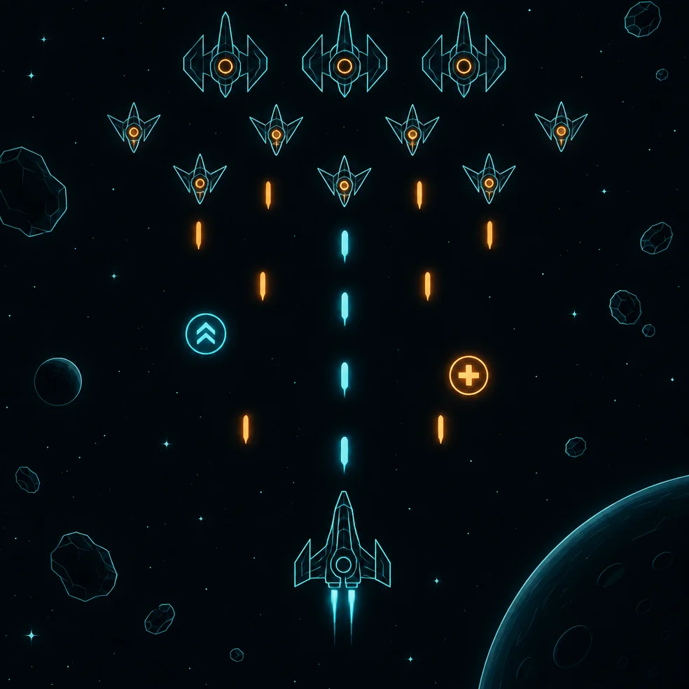 Arcade shooter game concept art in the clean neon look