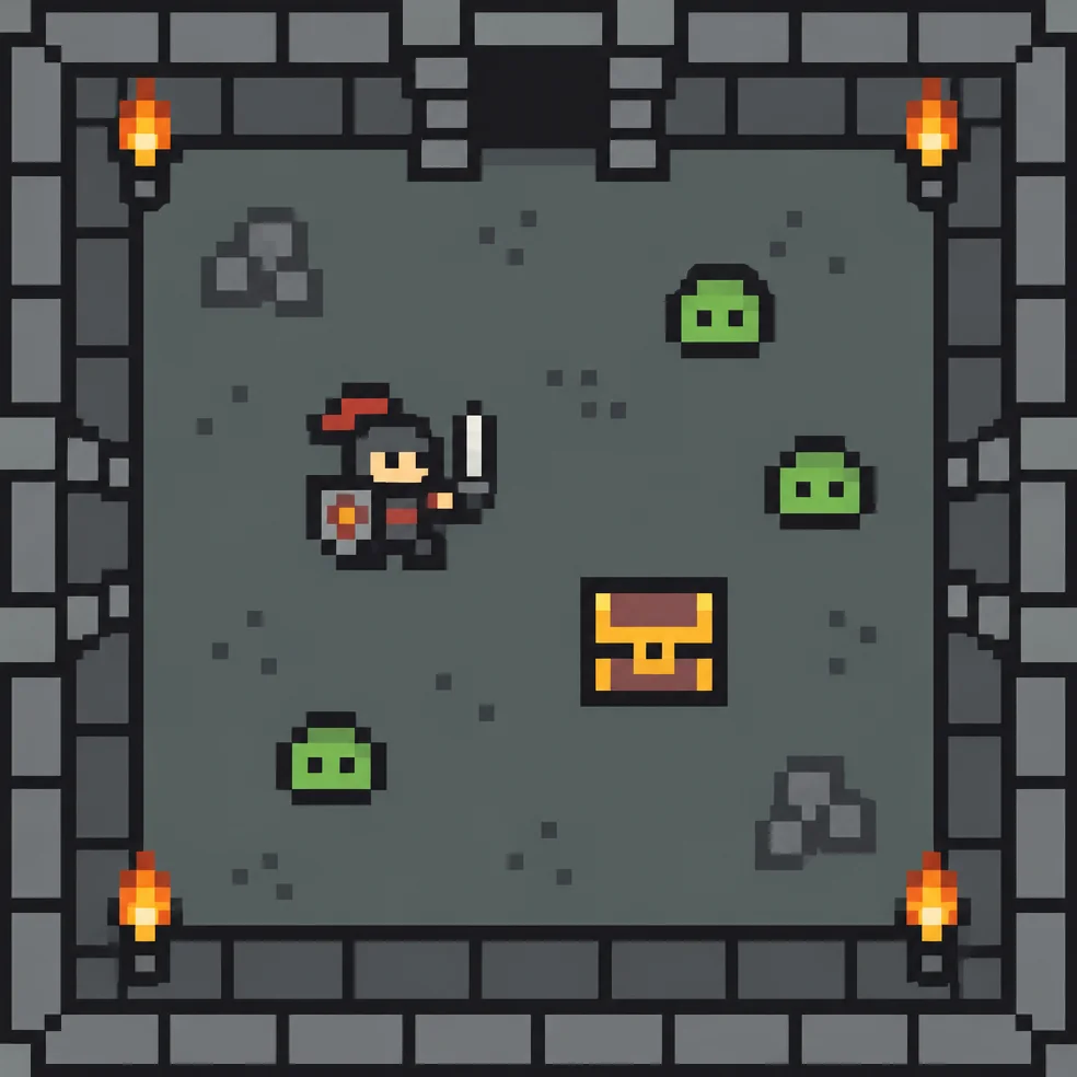 Top-down adventure game concept art in the tiny 8-bit look