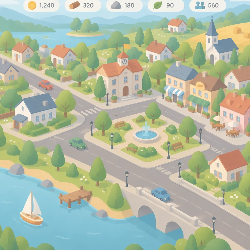 Town builder game concept art in the soft pastel look