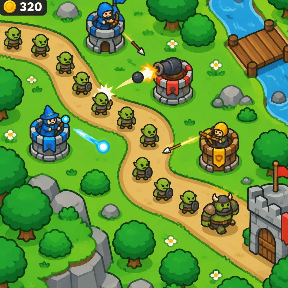 Tower defense game concept art in the bright and bold look