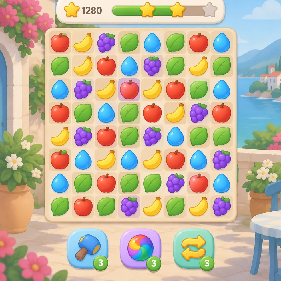 Match-3 puzzle game concept art in the soft pastel look