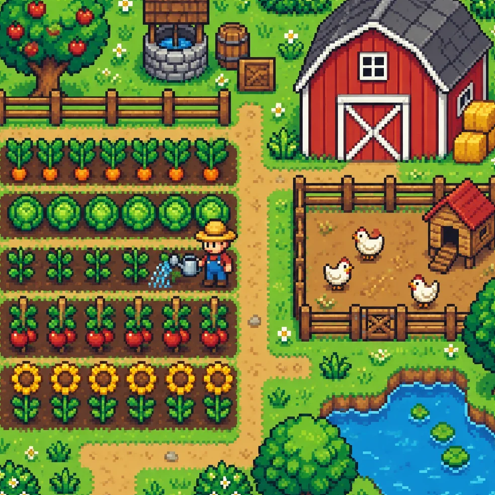 Cozy farm and garden game concept art in the 16-bit pixel look