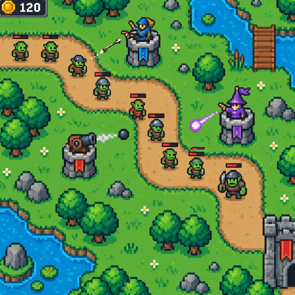 Tower defense game concept art in the 16-bit pixel look