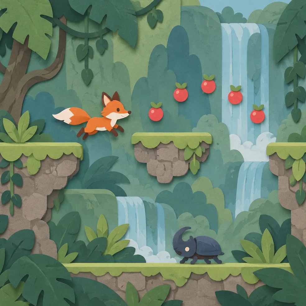 Platformer game concept art in the paper craft look