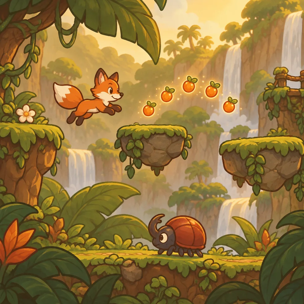 Platformer game concept art in the cozy cartoon look
