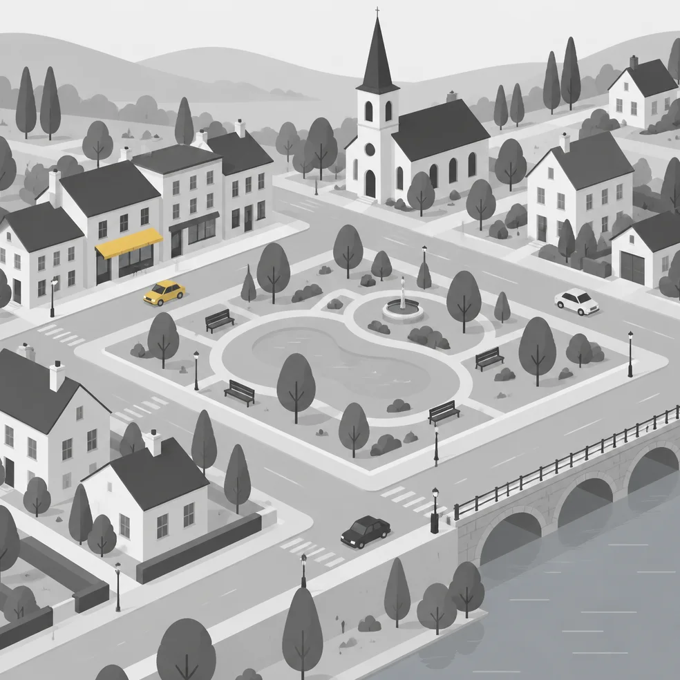 Town builder game concept art in the modern mono look