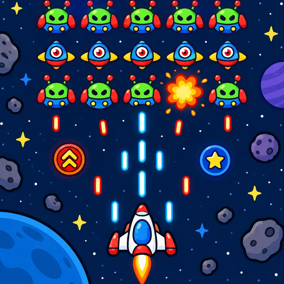 Arcade shooter game concept art in the bright and bold look