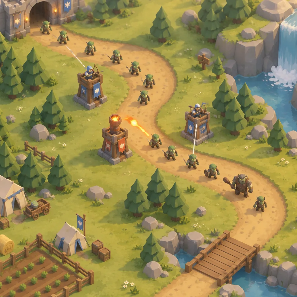 Tower defense game concept art in the tiny diorama look