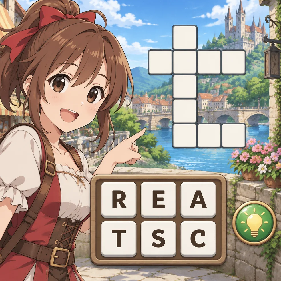 Word puzzle game concept art in the anime bright look