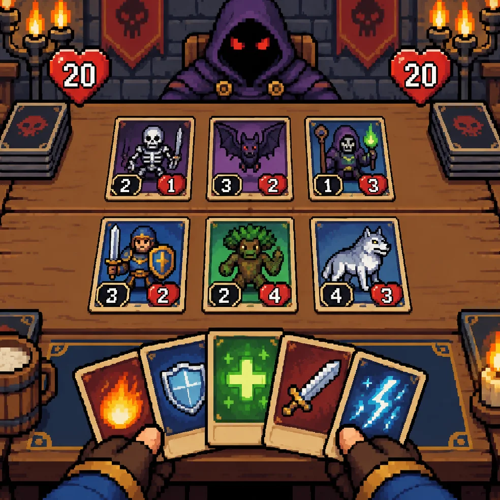Card battler and autobattler game concept art in the 16-bit pixel look