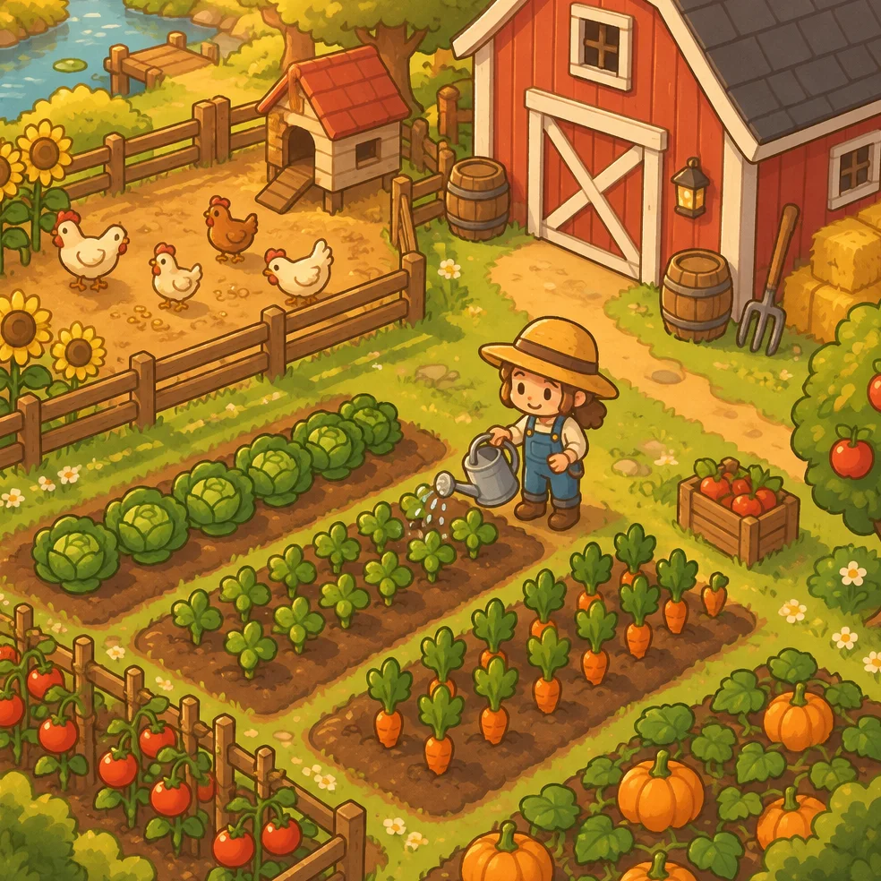 Cozy farm and garden game concept art in the cozy cartoon look
