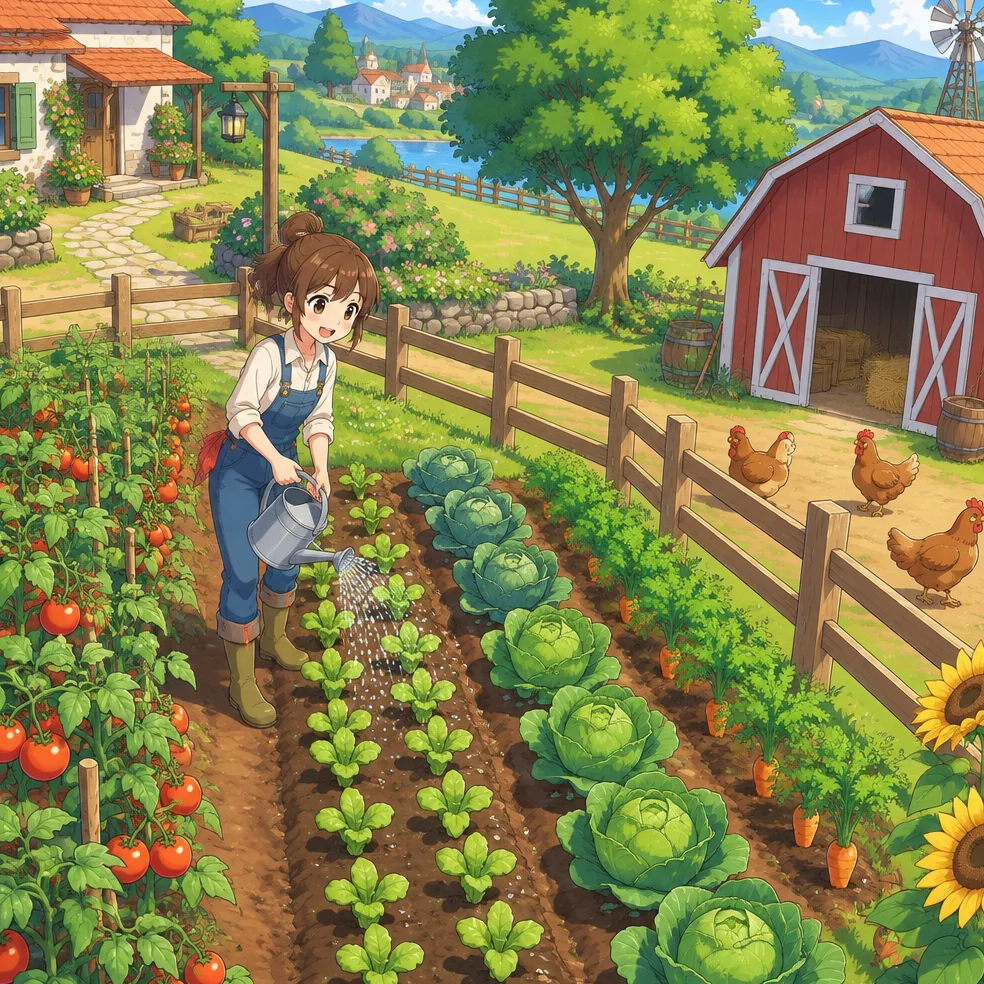 Cozy farm and garden game concept art in the anime bright look