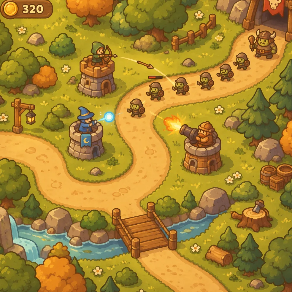 Tower defense game concept art in the cozy cartoon look