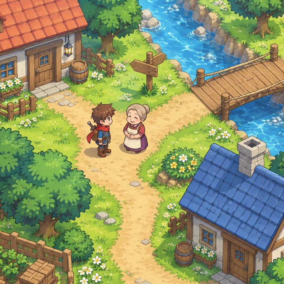 Top-down adventure game concept art in the anime bright look